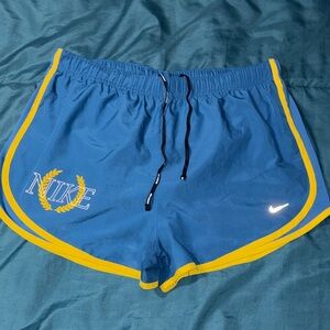 Nike Women's Blue Athletic Shorts with Yellow Trim- XL